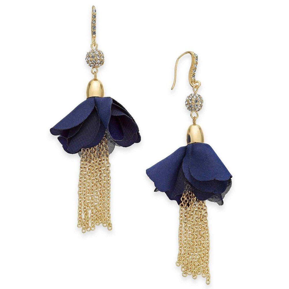 INC Gold-Tone Crystal Bead, Navy Blue Fabric Flower & Chain Tassel Drop Earrings
